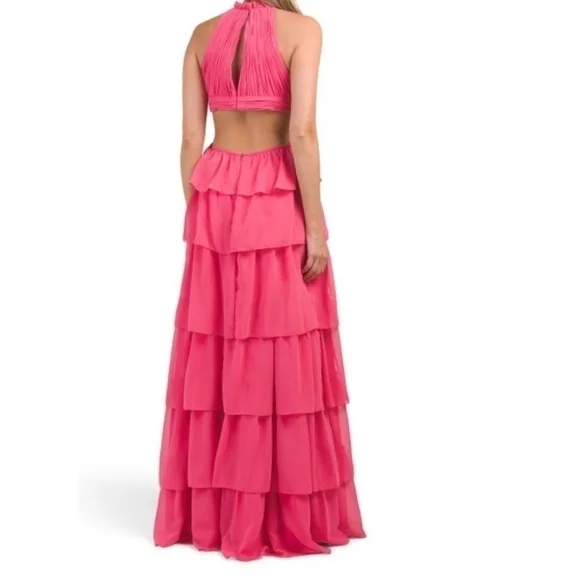 Mac Duggal tiered ruffle pleated halter gown with cutout in hot pink size 4 - Picture 2 of 8